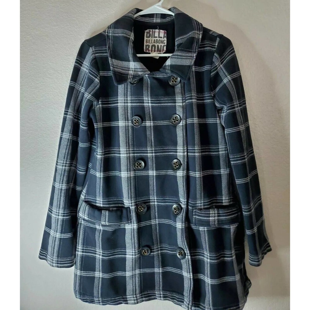 Billabong Double Breasted Long Sleeve Trench Coat Pockets Plaid Sz Women's Large